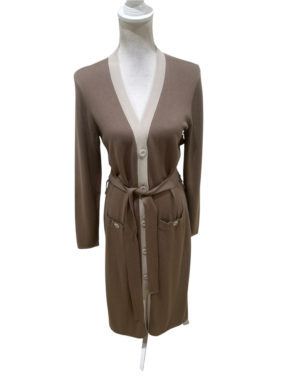 NWT CAbi Taupe Long duster belted genteel Cardigan with Cream Trim medium